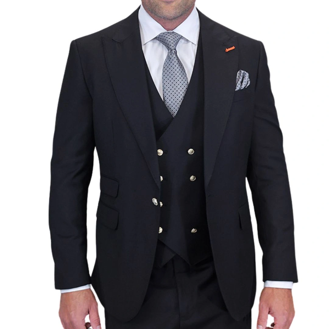 Aether Crest: Elegancia Negra Audaz, Traje 3 Piezas Moderno, Impacto Inmediato.