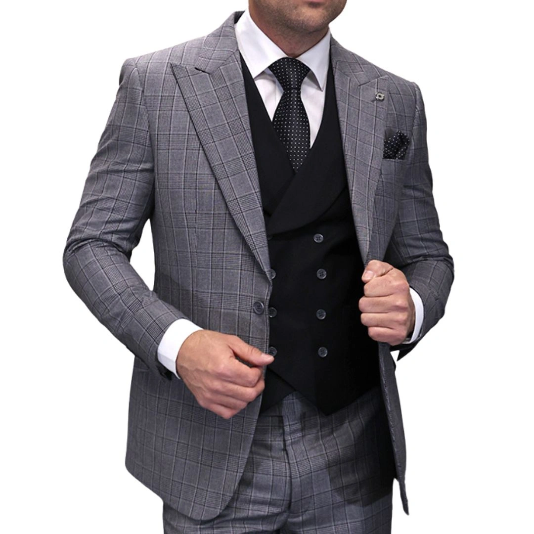 Aegis: Elegante traje de 3 piezas a cuadros negros, corte moderno, ¡imprescindible!