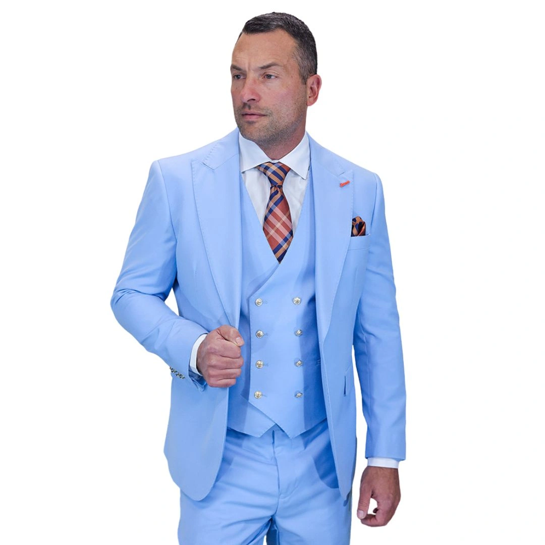 Aether Crest: Elegante traje azul celeste, tres piezas, moderno. ¡Impresiona al instante!
