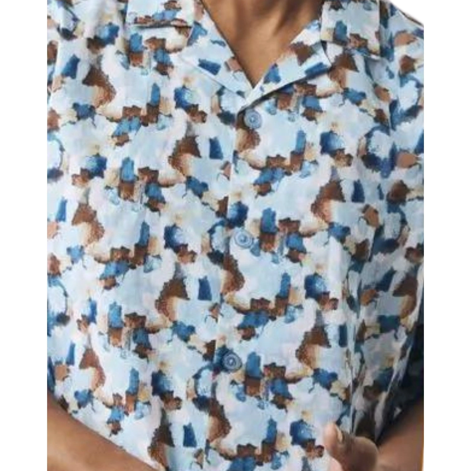 Camisa de lino azul acuarela abstracta: Elegancia veraniega y arte en movimiento.